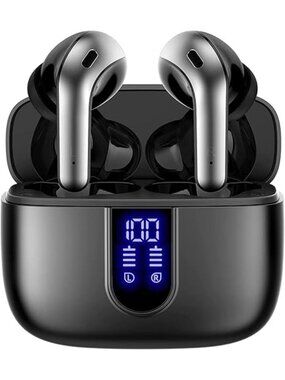 Black Bluetooth Headphones True Wireless Earbuds LED Power Display with Mic